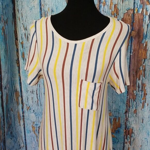 LULAROE Carly Light Grey W/ Red Yellow & Blue Stripes XSmall Short Casual Dress - Picture 3 of 8